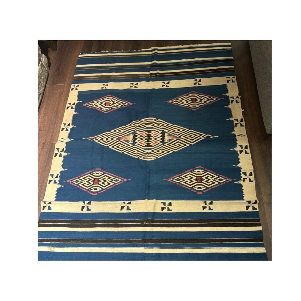 Vintage Southwestern Handwoven Flatweave Rug Blue Geometric Tribal Diamond 4x6.5